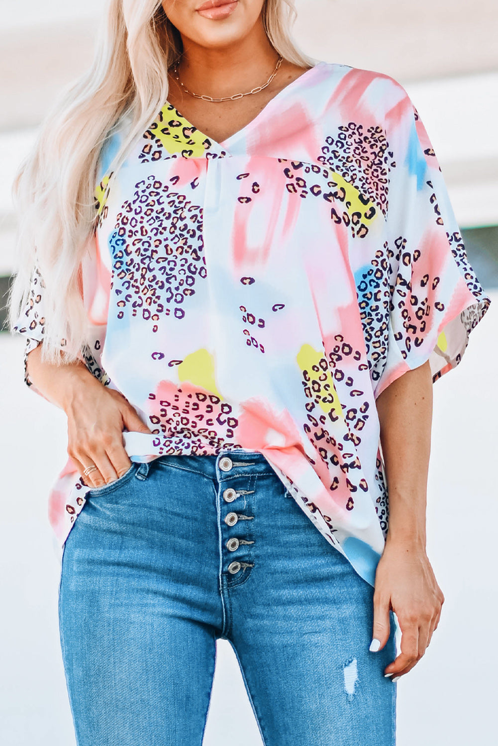 Animal Watercolor Mixed Print Loose Top