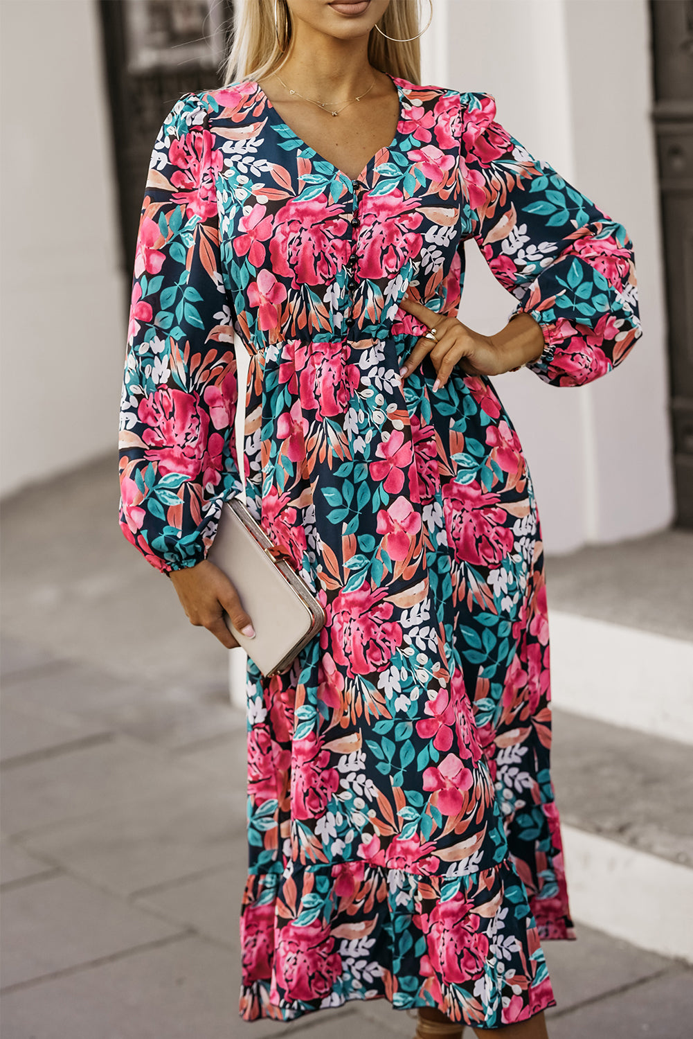 Fiery Red V Neck Elastic High Waist Split Floral Dress