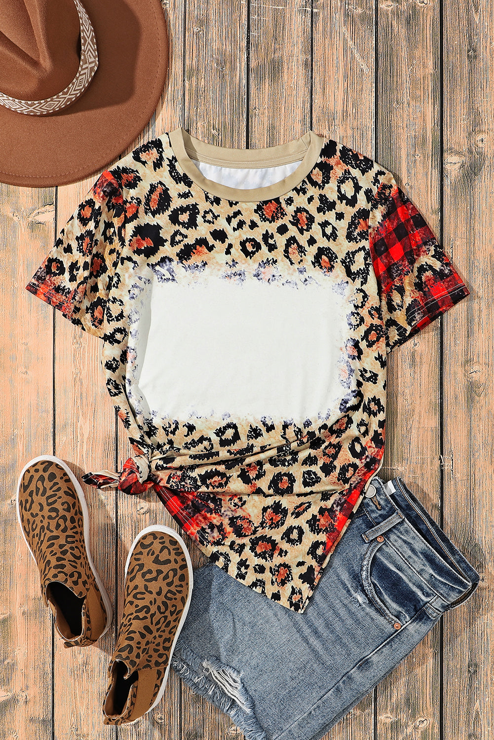 Plaid Bleached Leopard Print Short Sleeve T Shirt