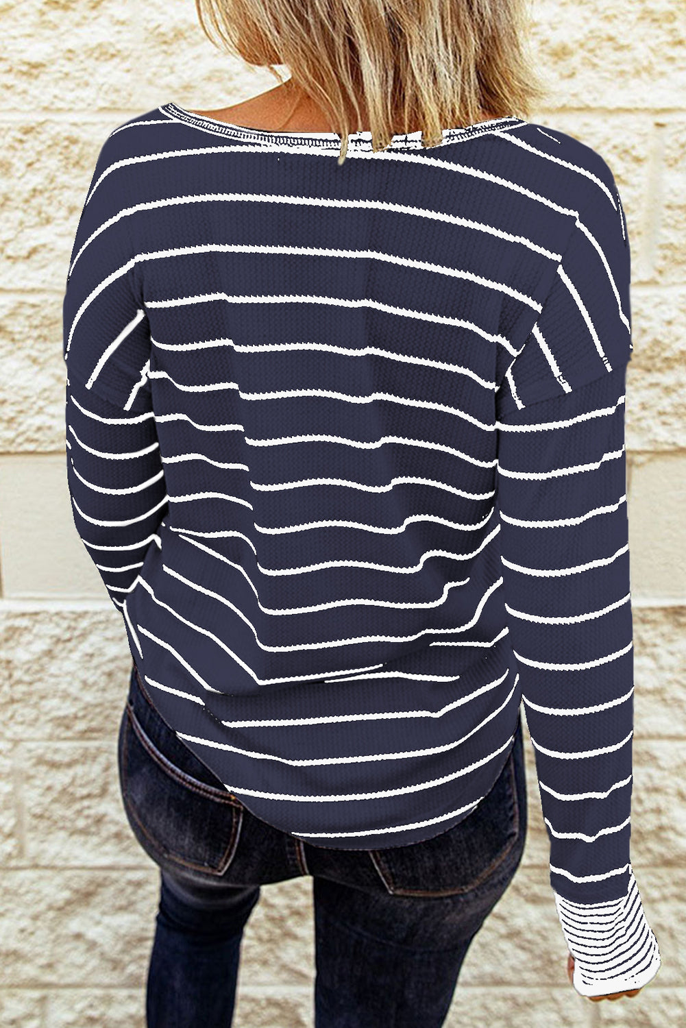 Navy Blue Striped Color Block Buttoned Waffle Knit Shirt