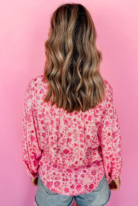 Pink Floral Puff Sleeve Split Neck Lightweight Blouse