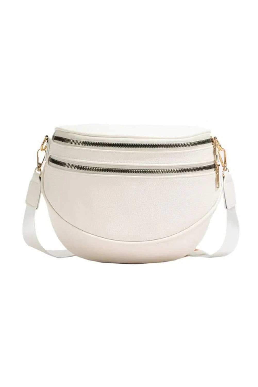 White Double Zip Faux Leather Crossbody Bag