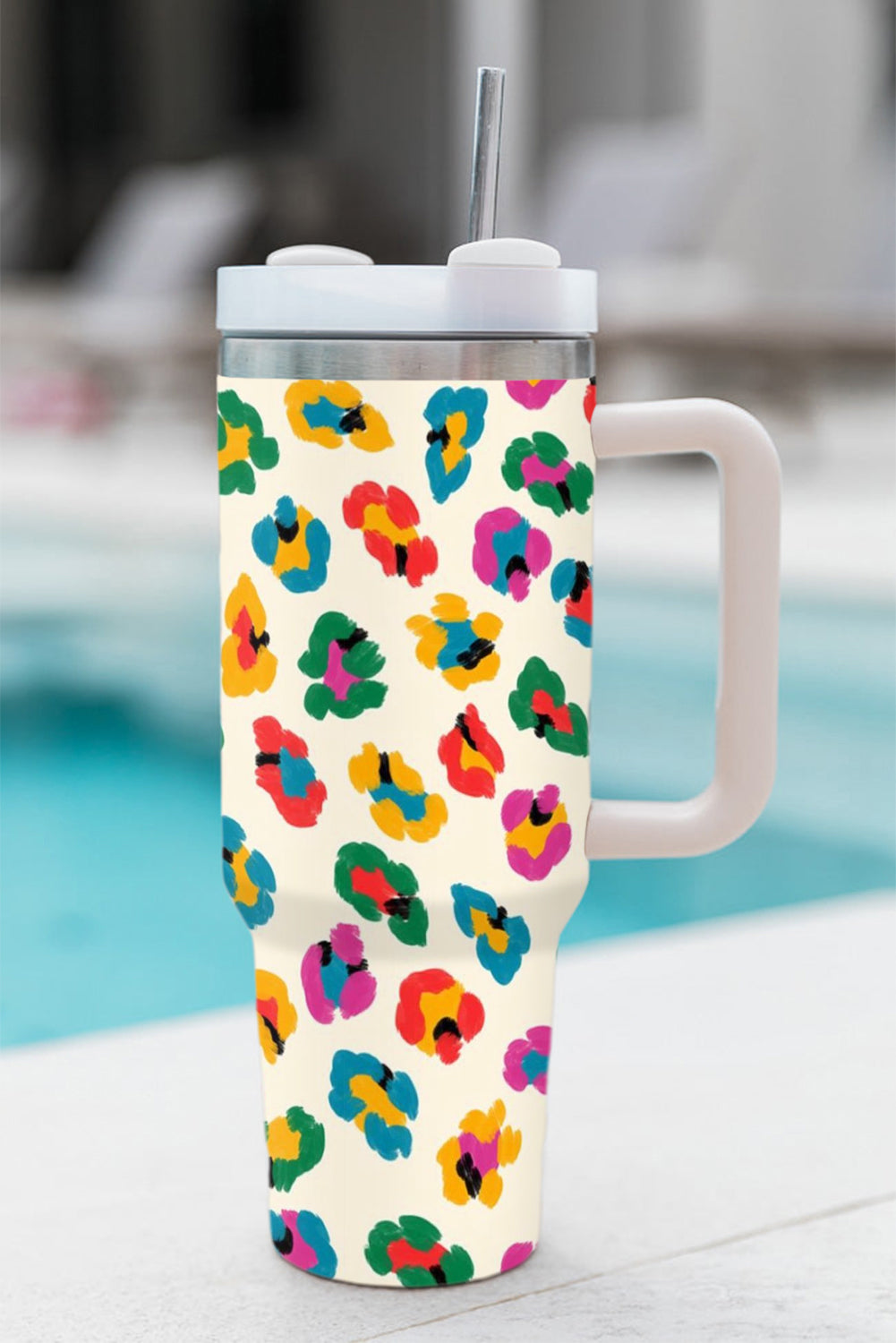 White Multi Color Leopard Print Handle Stainless Tumbler 40oz