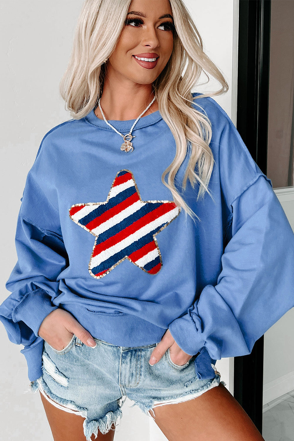 Sky Blue Sequin Trim Embroidered Star USA Pattern Sweatshirt