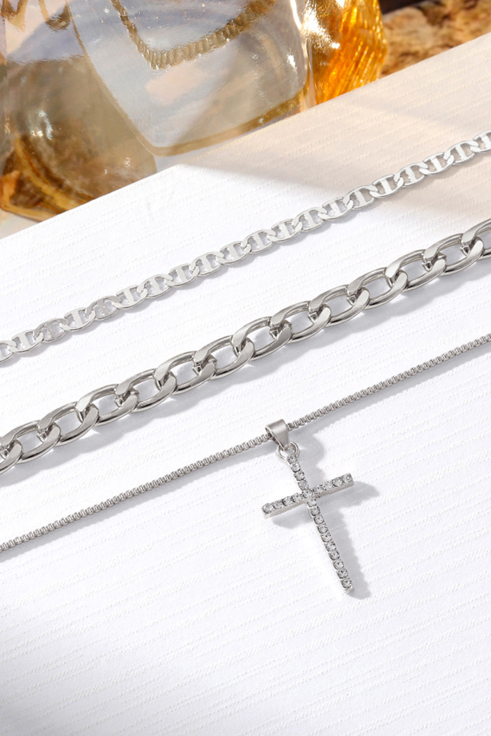 Silvery Plated Cross Pendant Multi Layer Stacked Chains Necklace