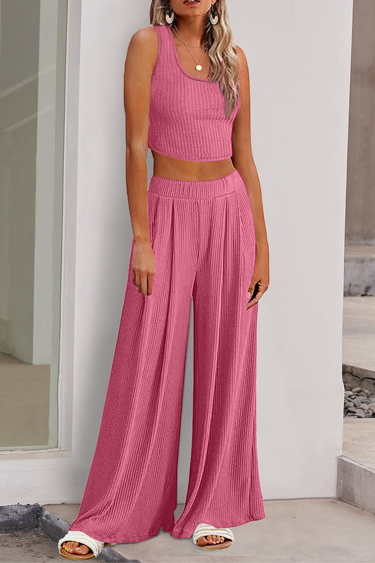 Pink Textured Sleeveless Crop Top and Wide Leg Pants Outfit