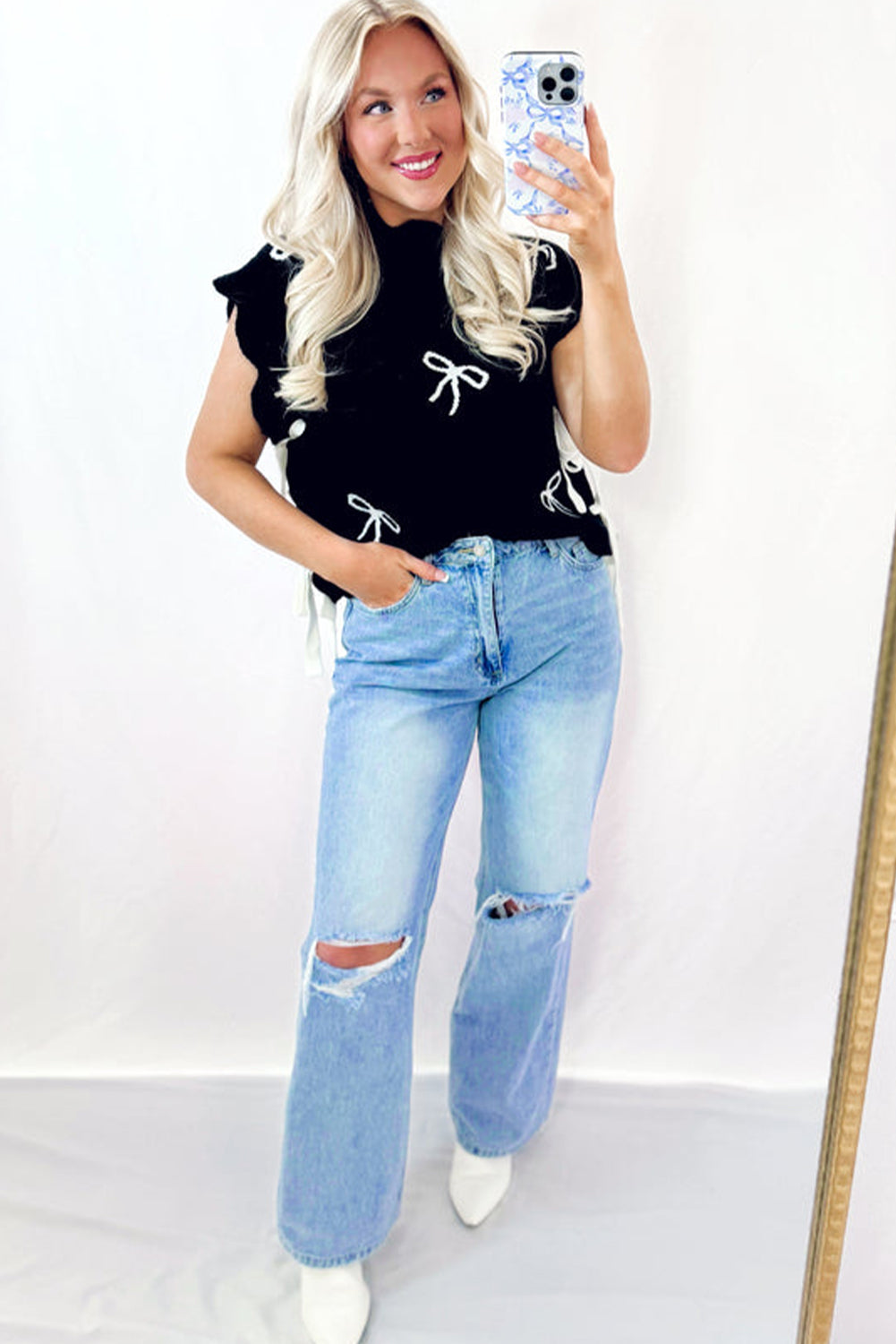 Black Bow Print Side Ties Scalloped Hem Sweater T Shirt