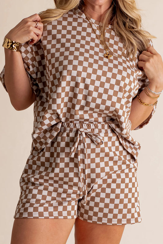 Brown Plus Size Checkerboard Print Side Slim Tee Shorts Set