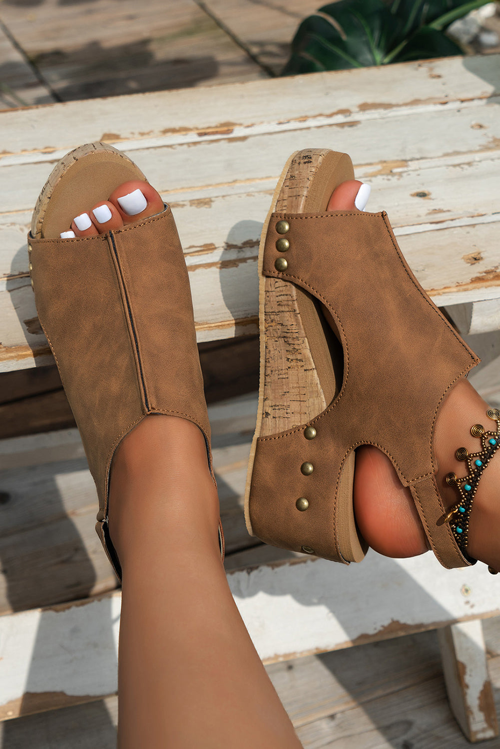 Brown Vintage Leather Stitching Studded Wedge Sandals