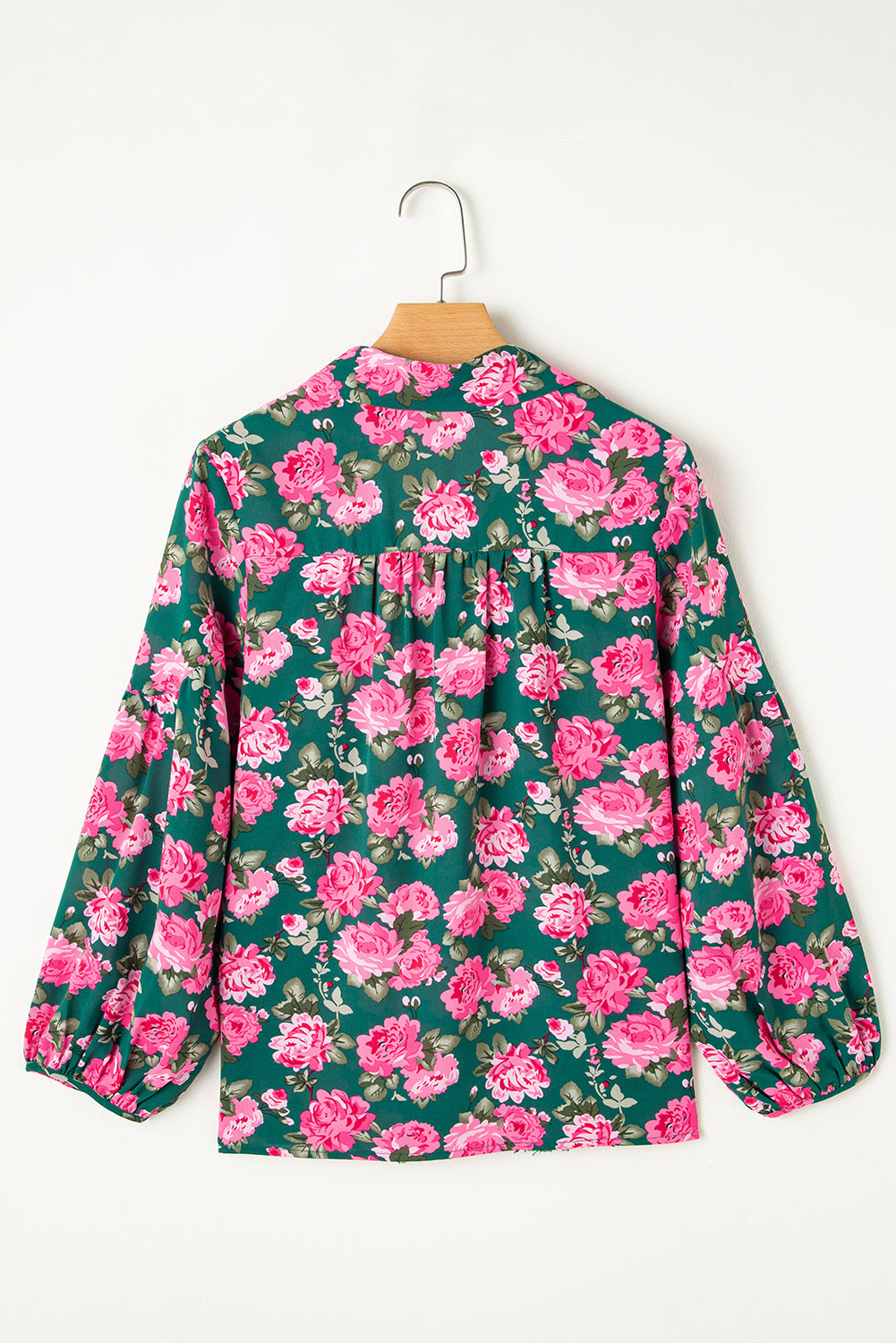 Green Floral Printed Tied Collar Puff Sleeve Blouse