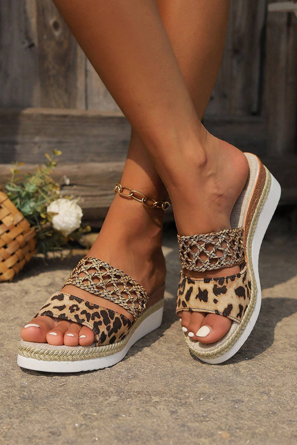 Chestnut Leopard Print Braided Details Wedge Slippers