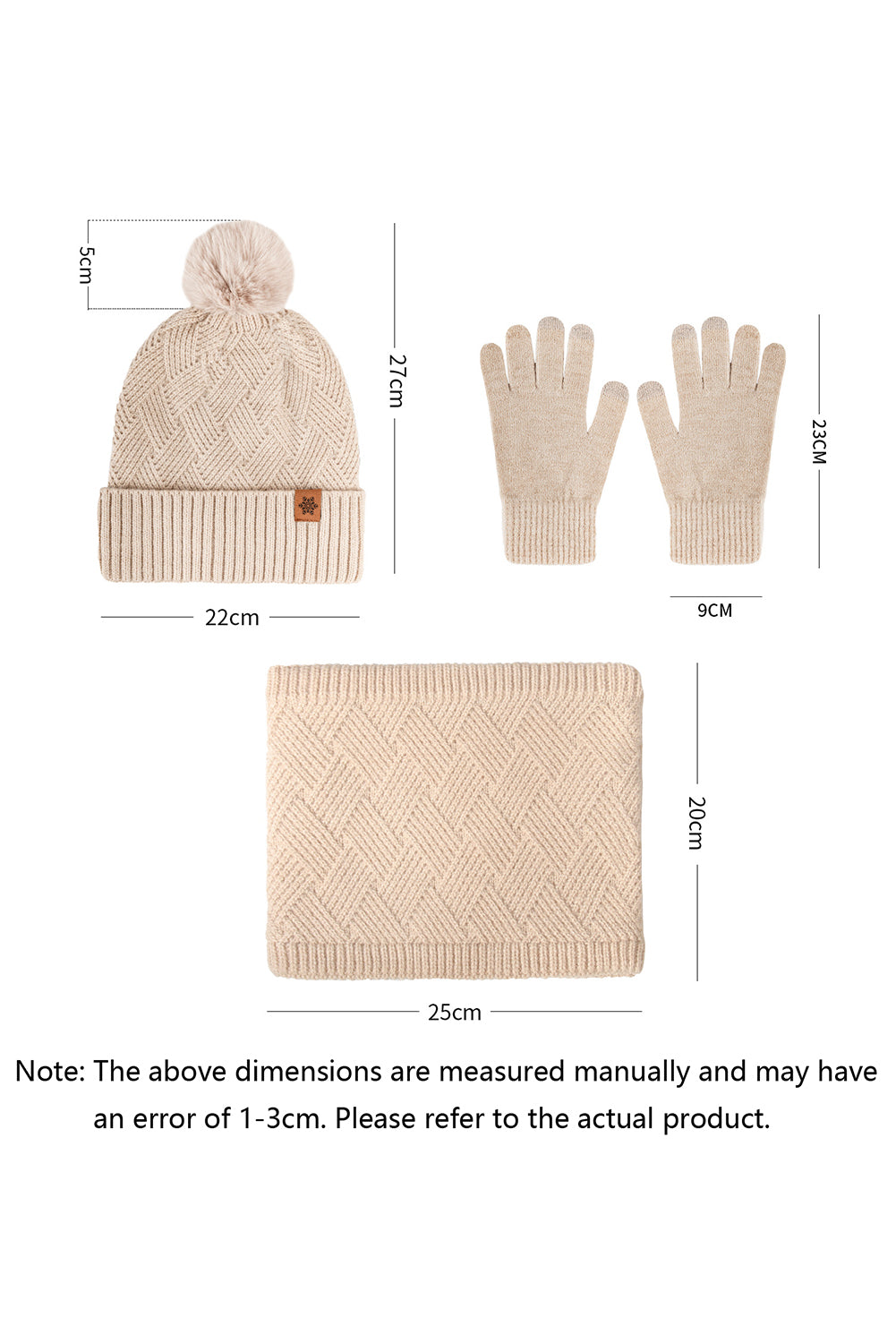 White Fleece Liner Beanie Hat Scarf and Gloves 3pcs Winter Set