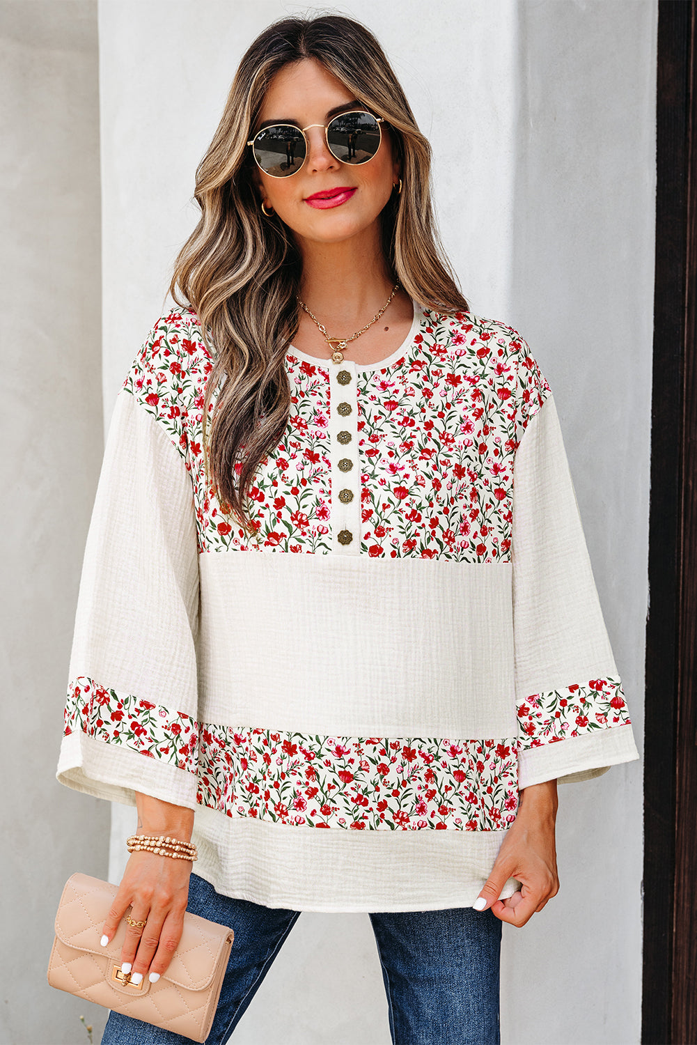 Red Floral Print Gauze Patchwork Henley Button 3/4 Sleeve Blouse