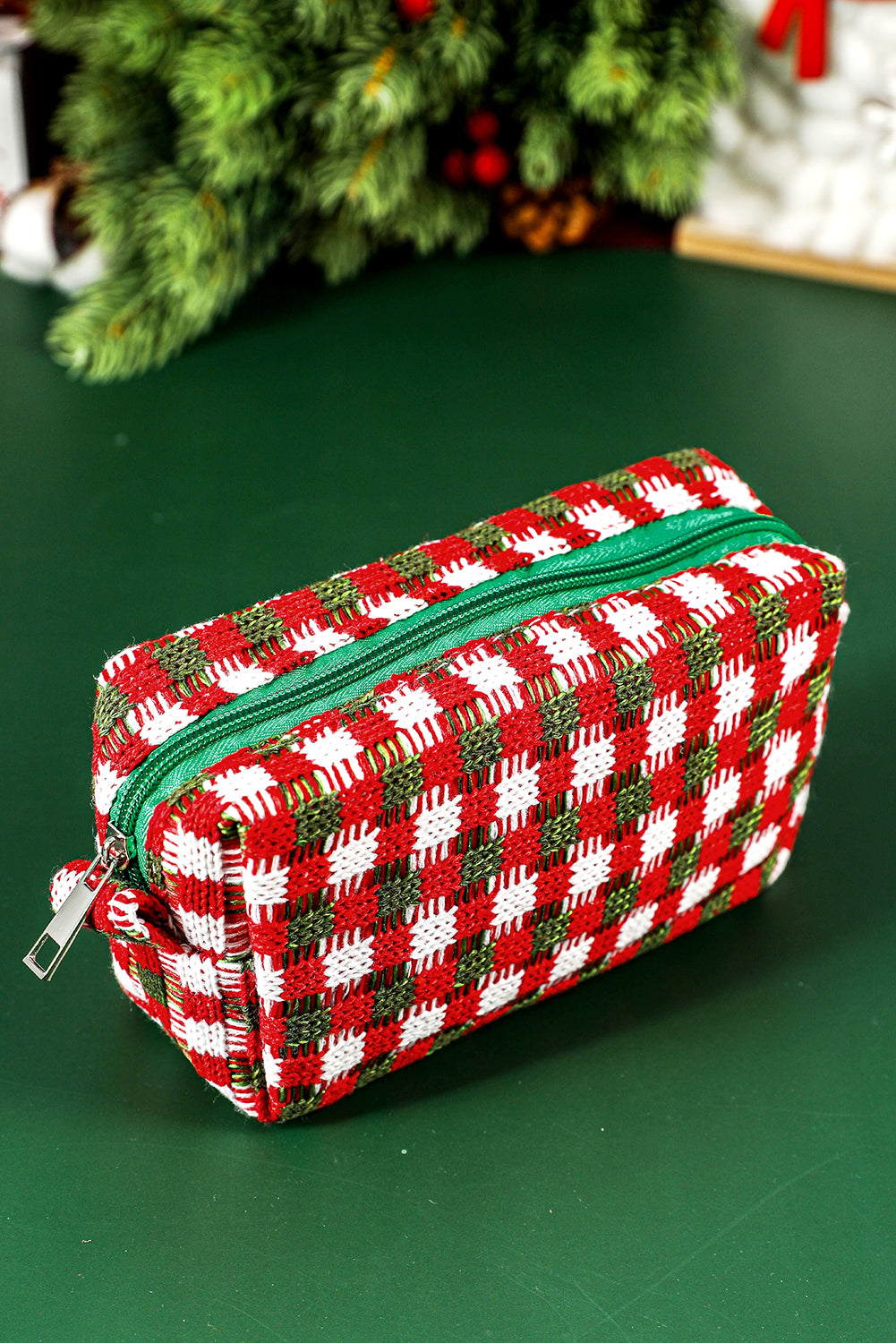 Racing Red Christmas Style Crochet Zipper Square Makeup Bag