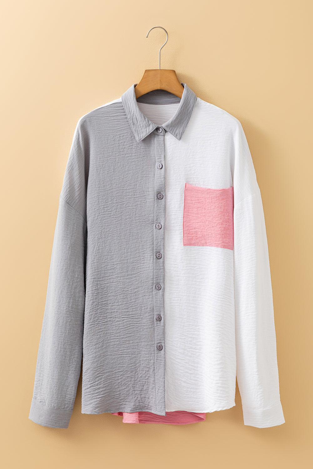 Gray Color Block/Pure Color Patch Pocket Shirt