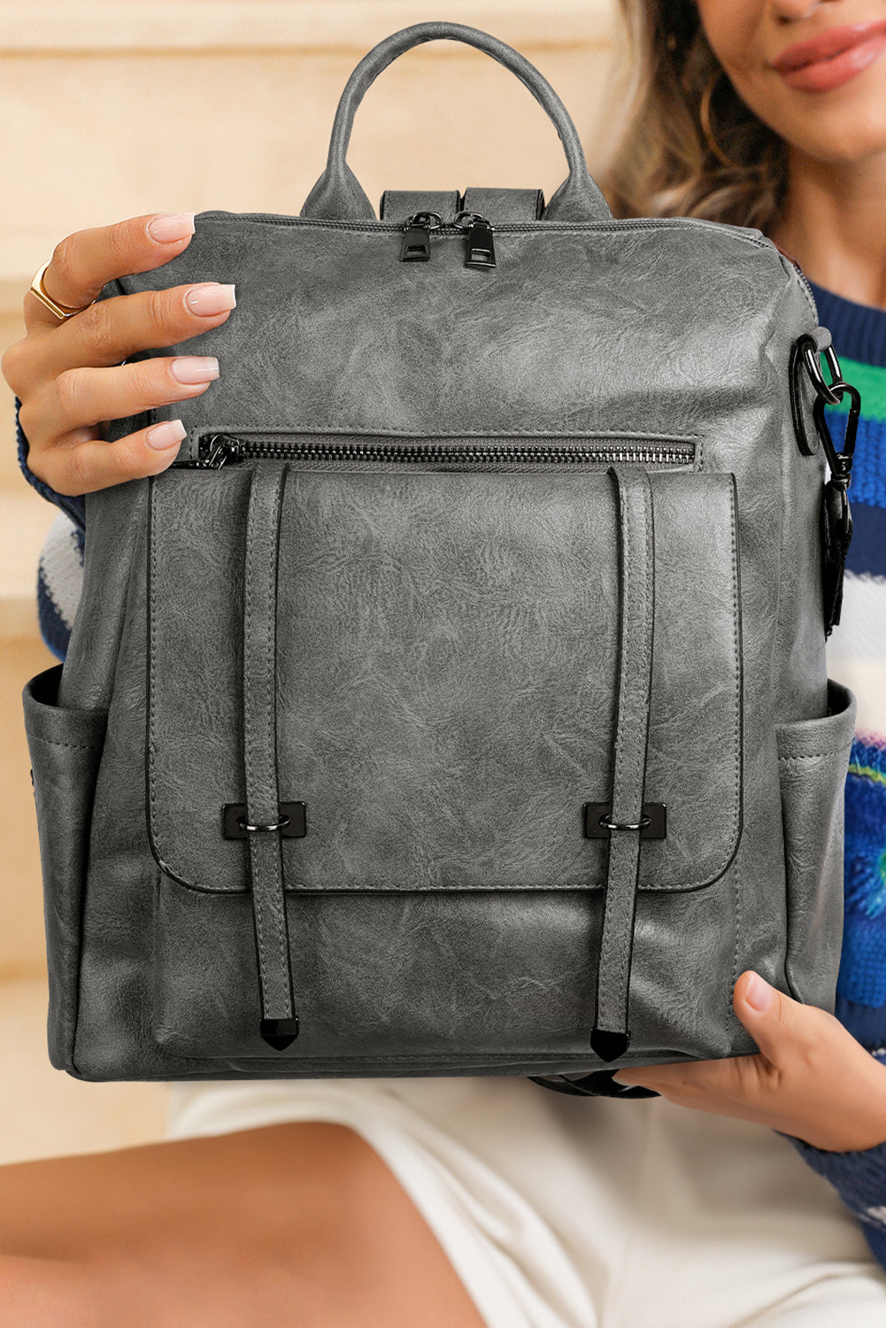 Medium Grey Business College Retro PU Leather Backpack