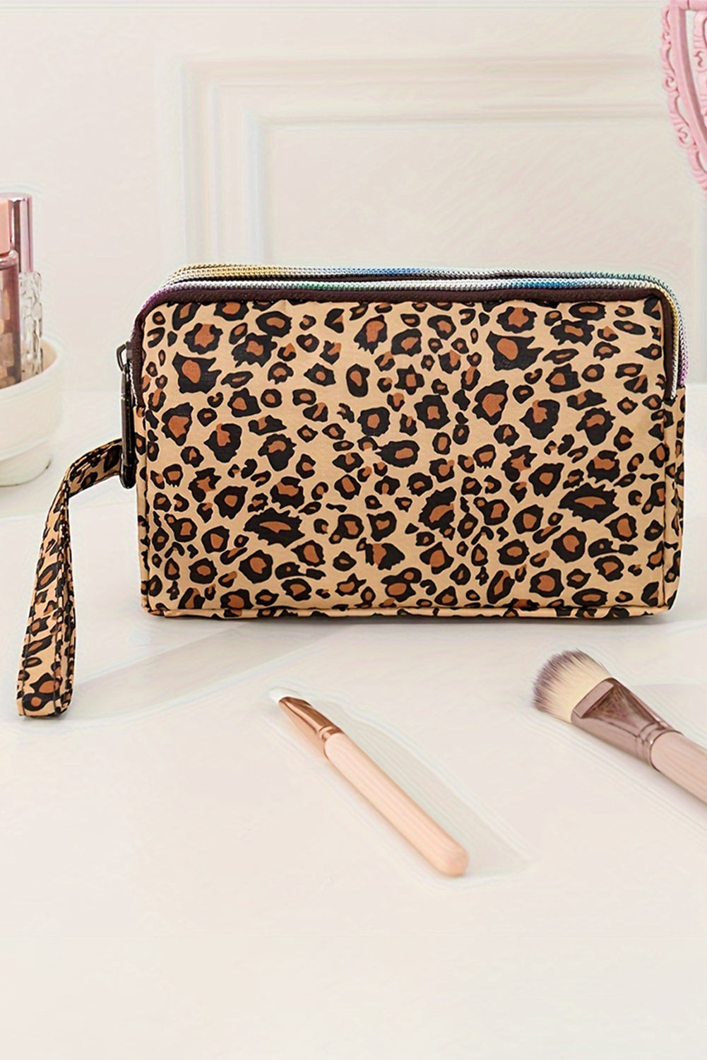 Brown Leopard Print PU Leather Wristlet Zipper Makeup Bag