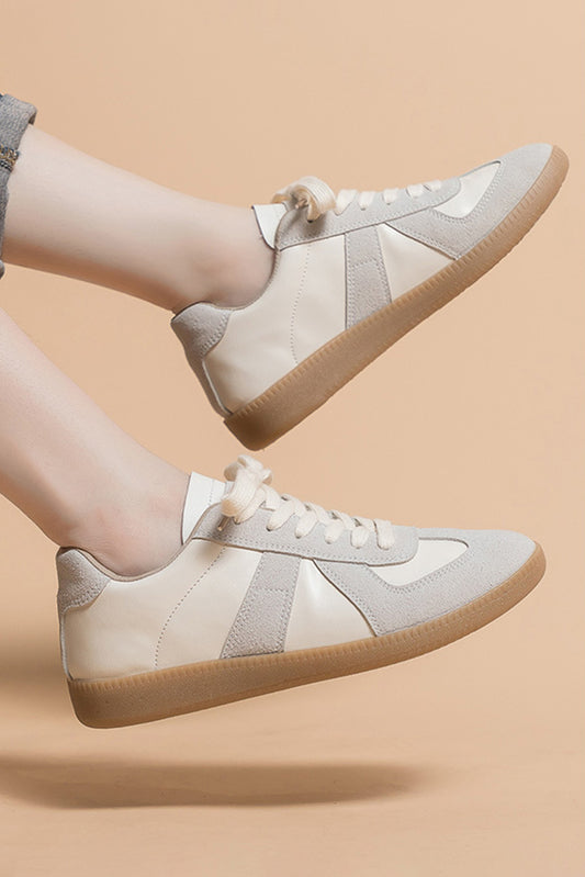 Beige PU Leather Suede Patched Lace-up Flat Shoes