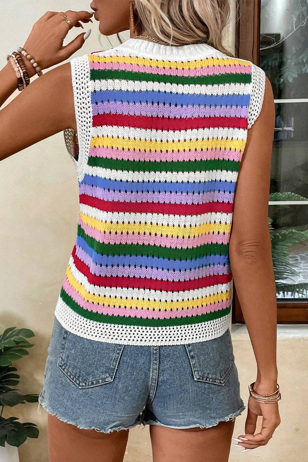 Multicolour Striped Knitted Eyelet Slim Sweater Vest