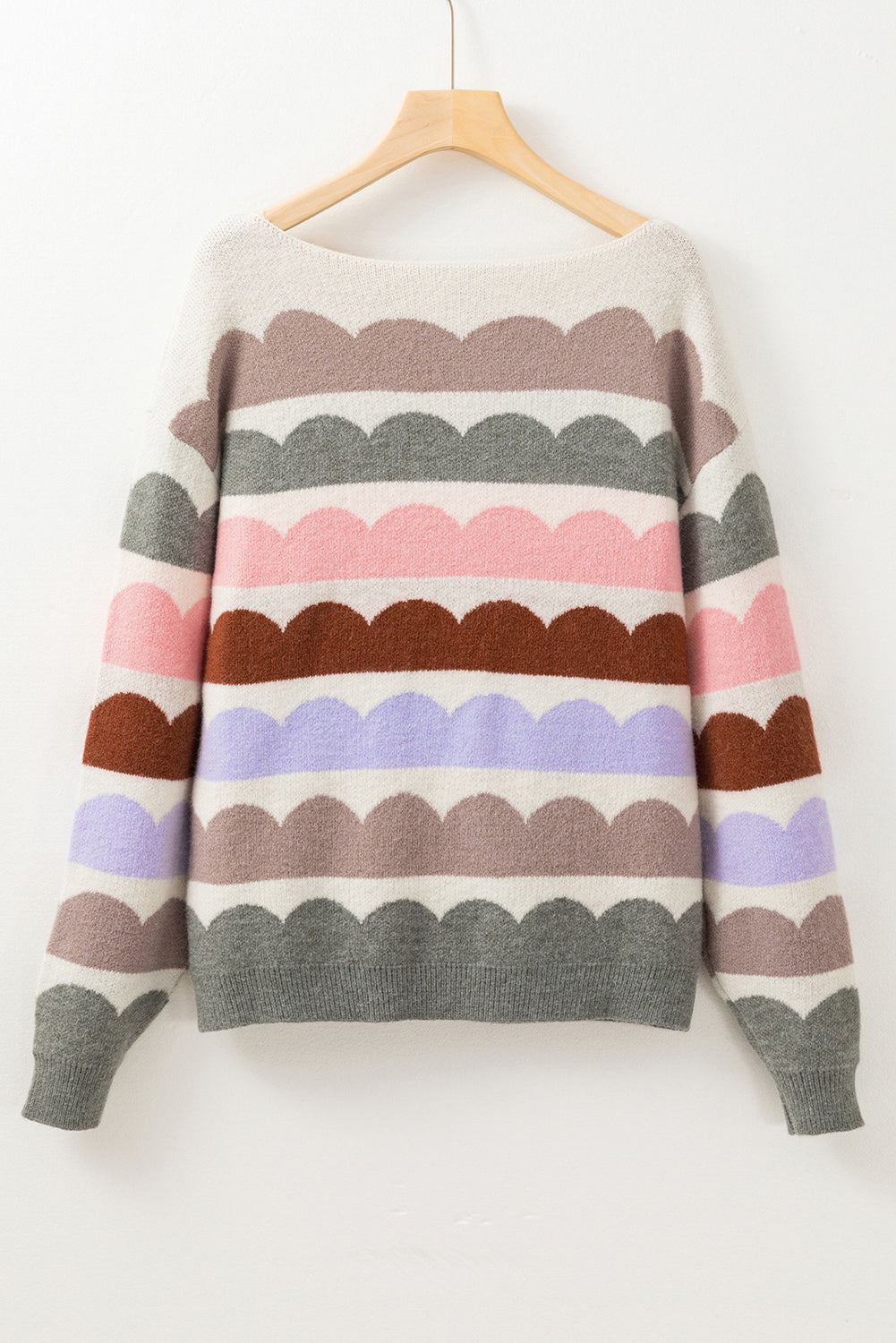 Gray Wave Striped Balloon Sleeve Drop Shoulder Sweater