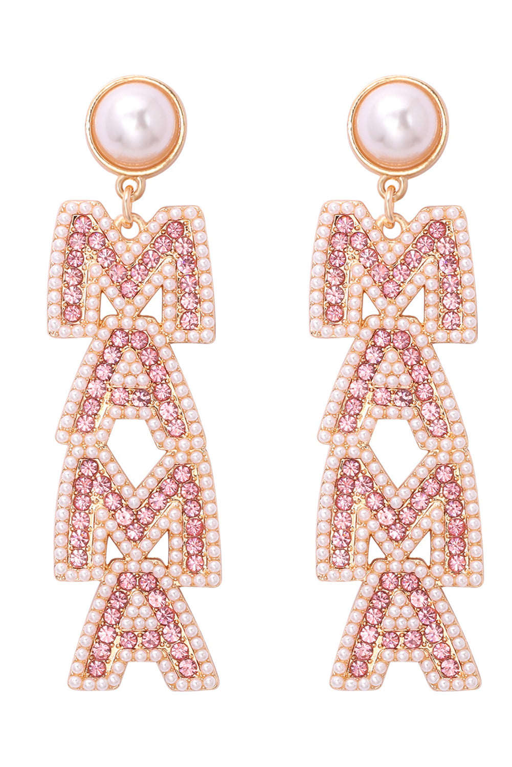 Apricot Pink MAMA Rhinestone Pearl Dangle Stud Earrings