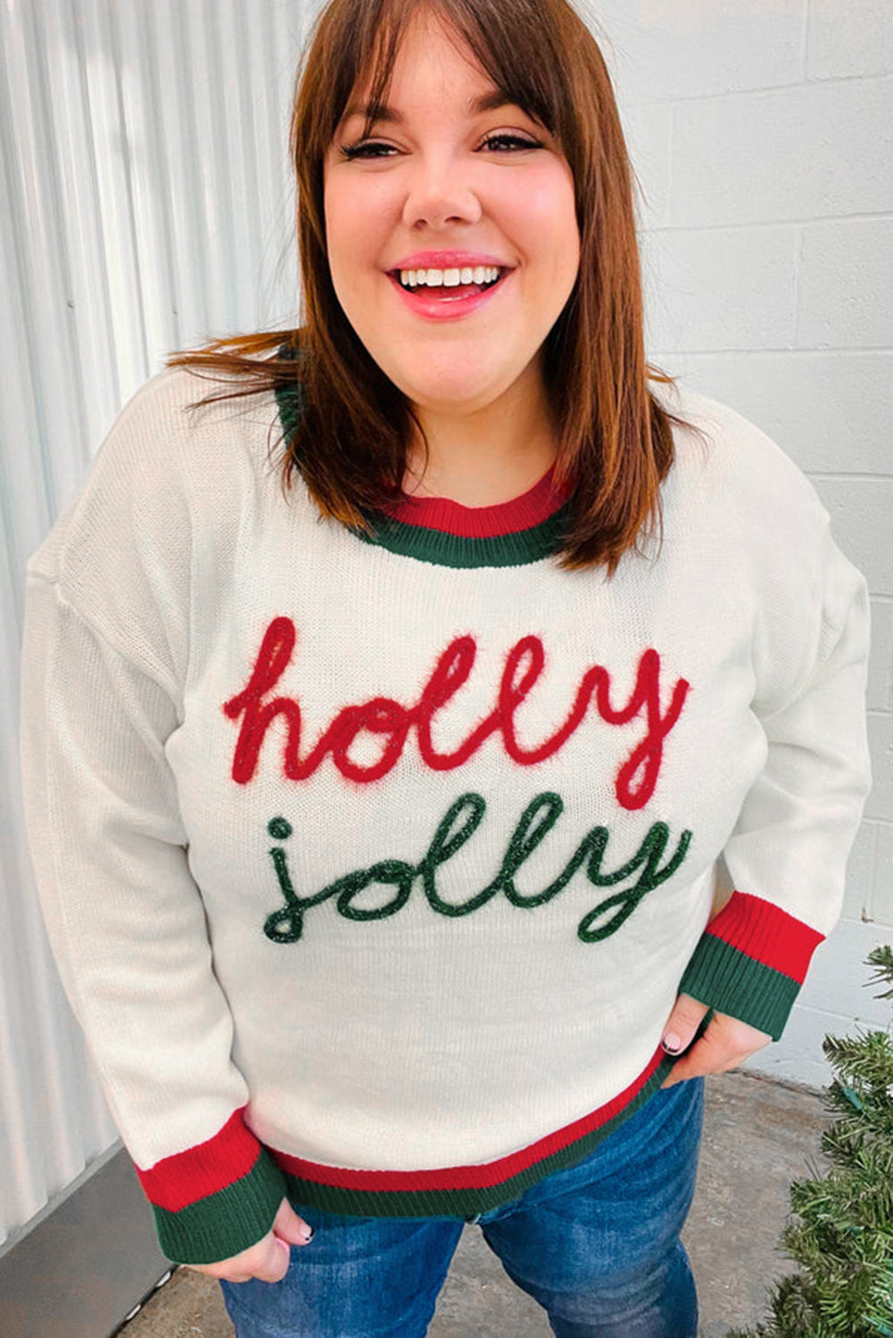 White Tinsel holly jolly Pattern Colorblock Edge Drop Shoulder Plus Size Sweater