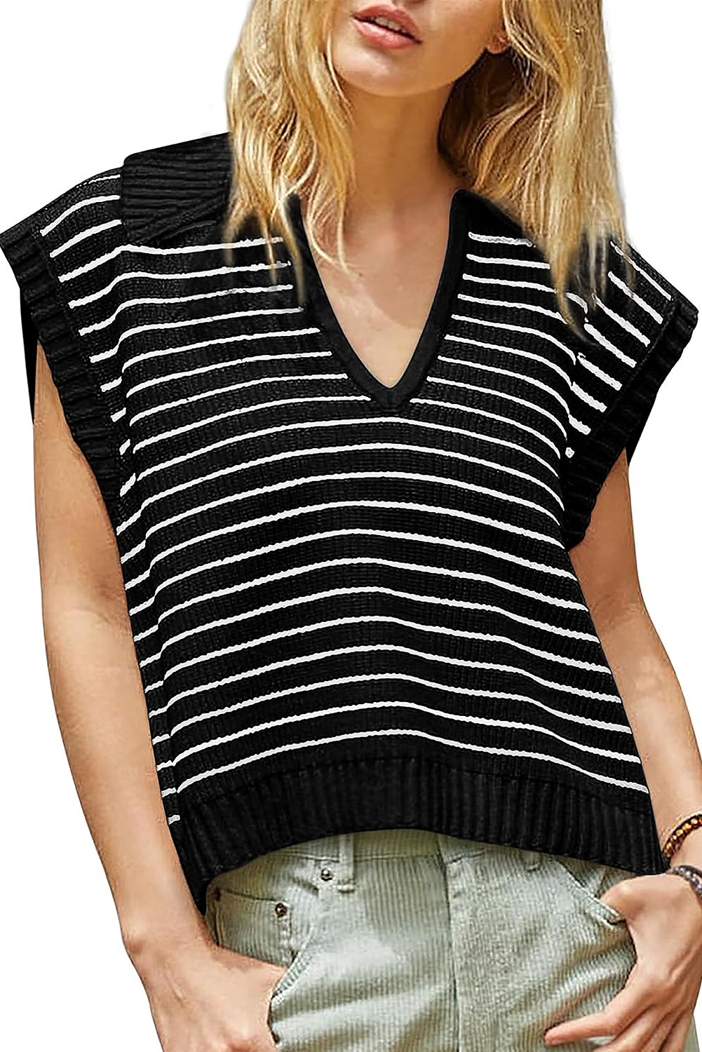 Black Stripe Turn-down V Neck Sweater Tank Top