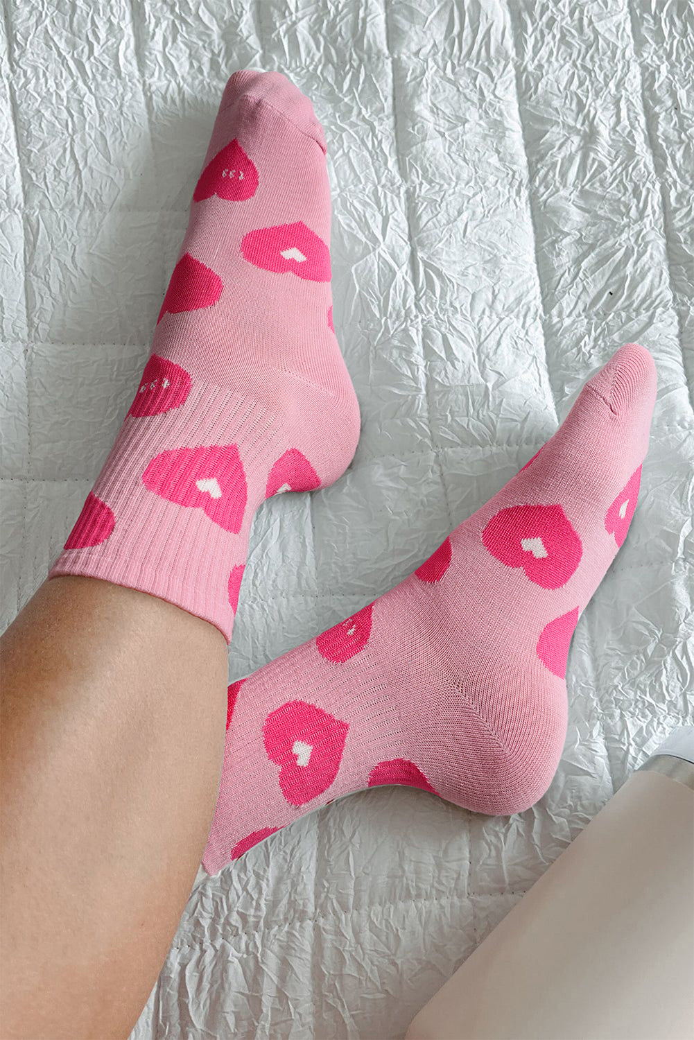 Light Pink Heart Print Ribbed Trim Soft Crew Socks