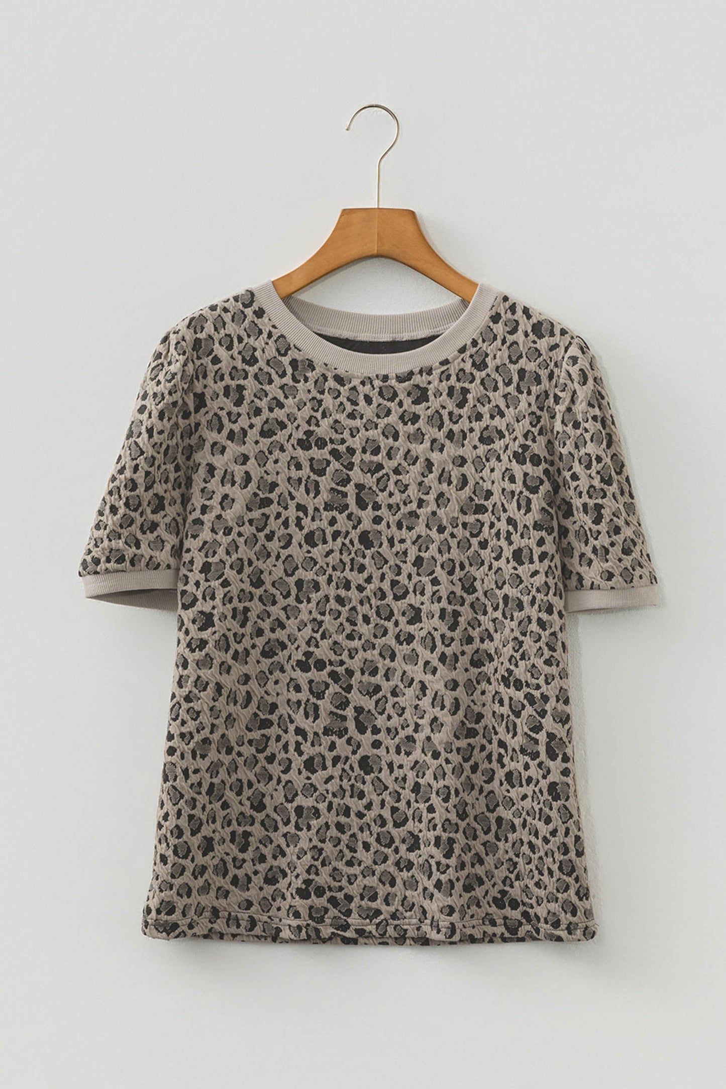 Khaki Textured Leopard Print Crew Neck Short Sleeve Top