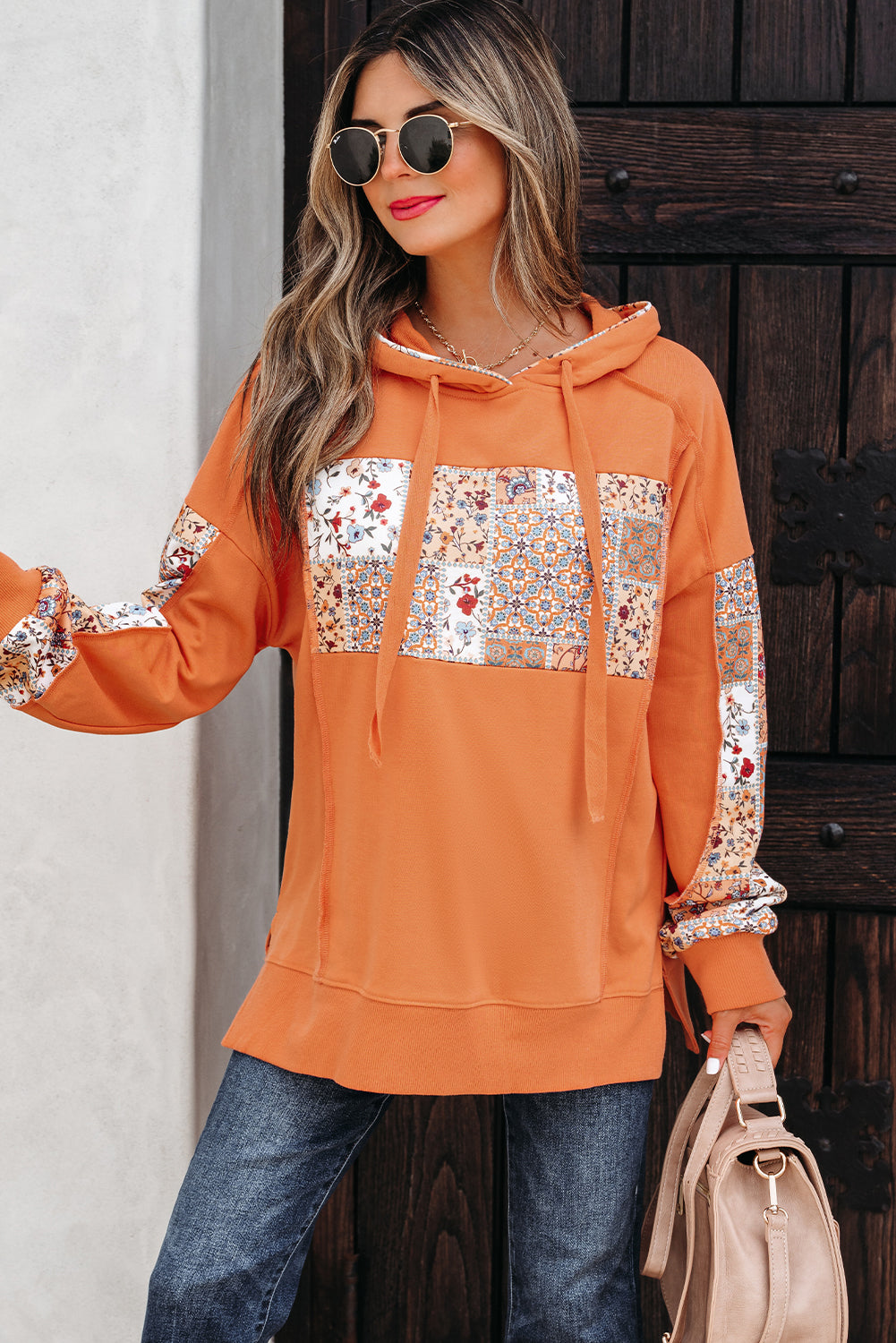 Flamingo Mix Floral Patchwork Side Slit Drawstring Hoodie