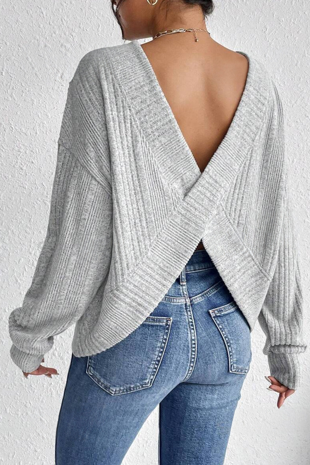 Light Grey Textured Crossover Backless Knit Long Sleeve Top