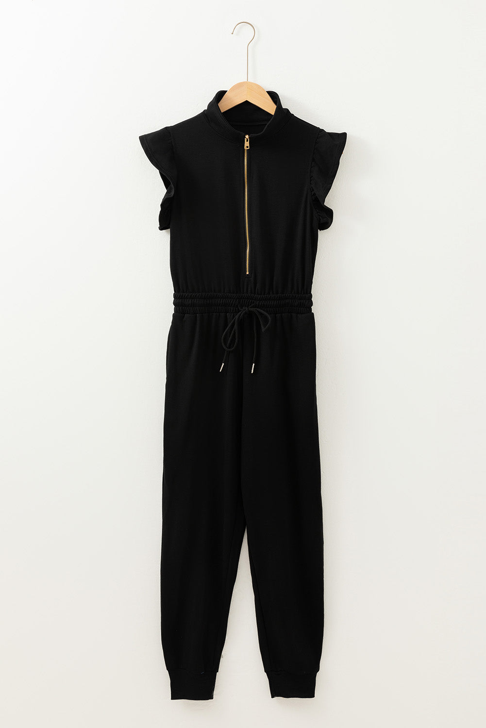 Black Zipper Flutter Sleeve Drawstring High Waist Jumpsuit