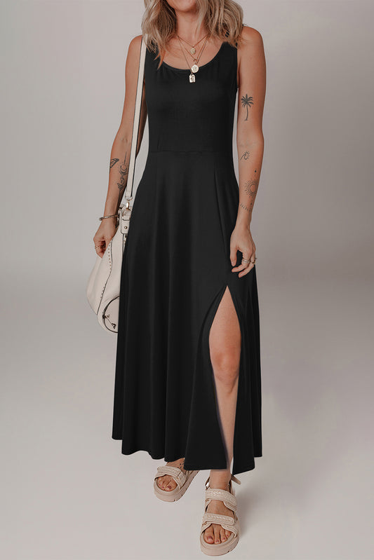 Black Sleeveless Scoop Neck Flared Split Midi Dress