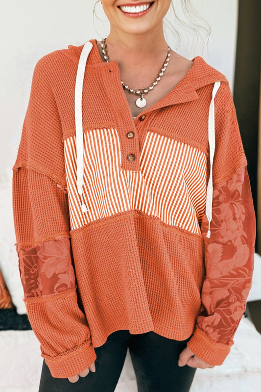 Cinnamon Waffle Printed Patchwork Drawstring Hooded Long Sleeve Top