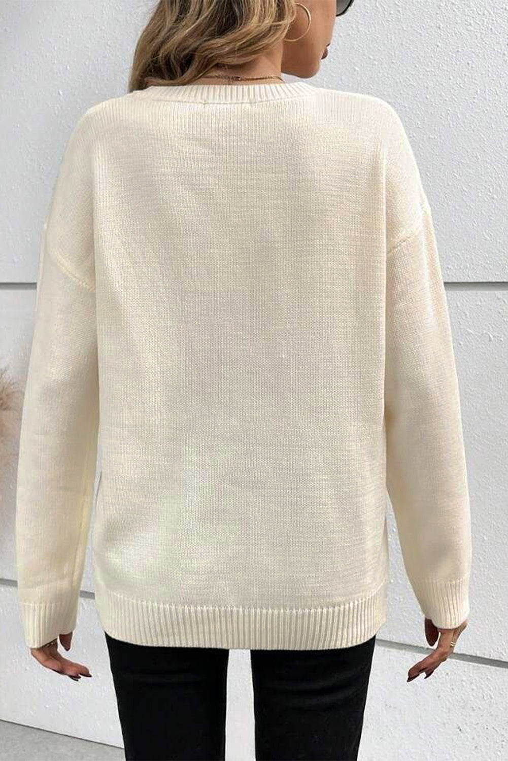 Apricot Boo Knitted Pattern Ribbed Edge Drop Shoulder Sweater