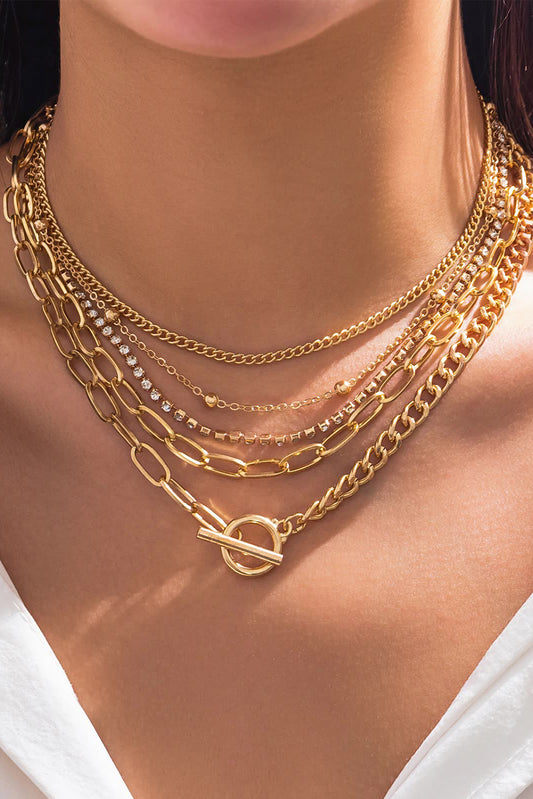 Gold 5pcs Layered Rhinestone Chain Collarbone Necklaces Set