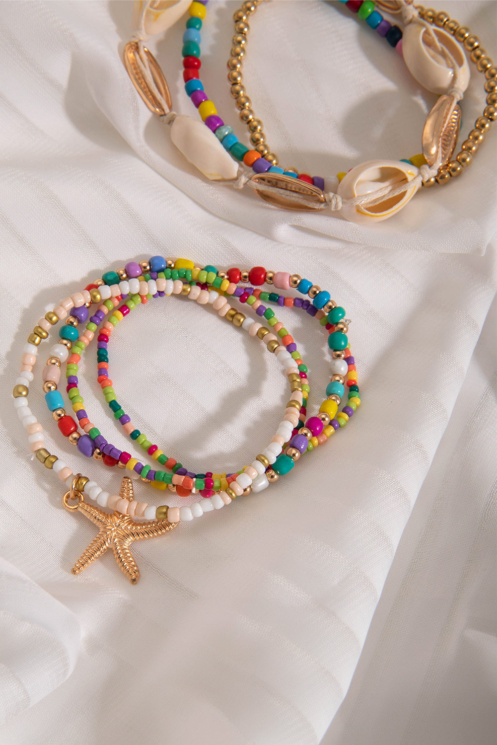 Multicolour 7pcs Starfish Seashell Beaded Bracelet Set