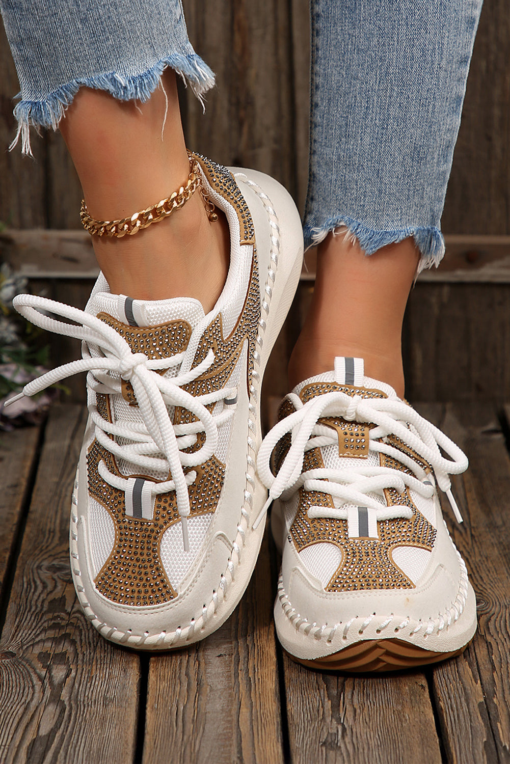 White Rhinestone Embellished Color Block Patchwork Lace-up Breathable Sneakers