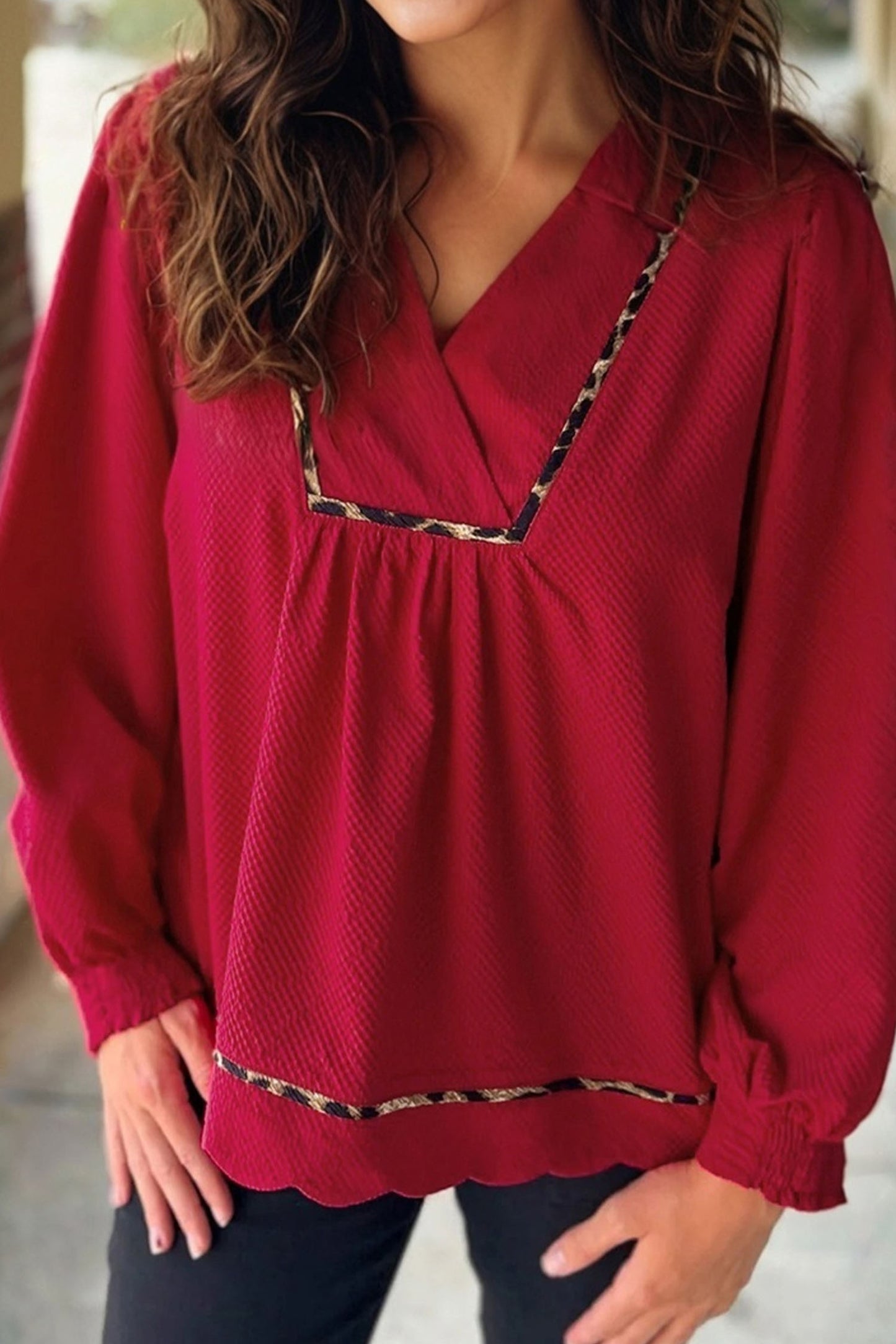 Fiery Red Collar V Neck Leopard Contrasted Trim Textured Blouse
