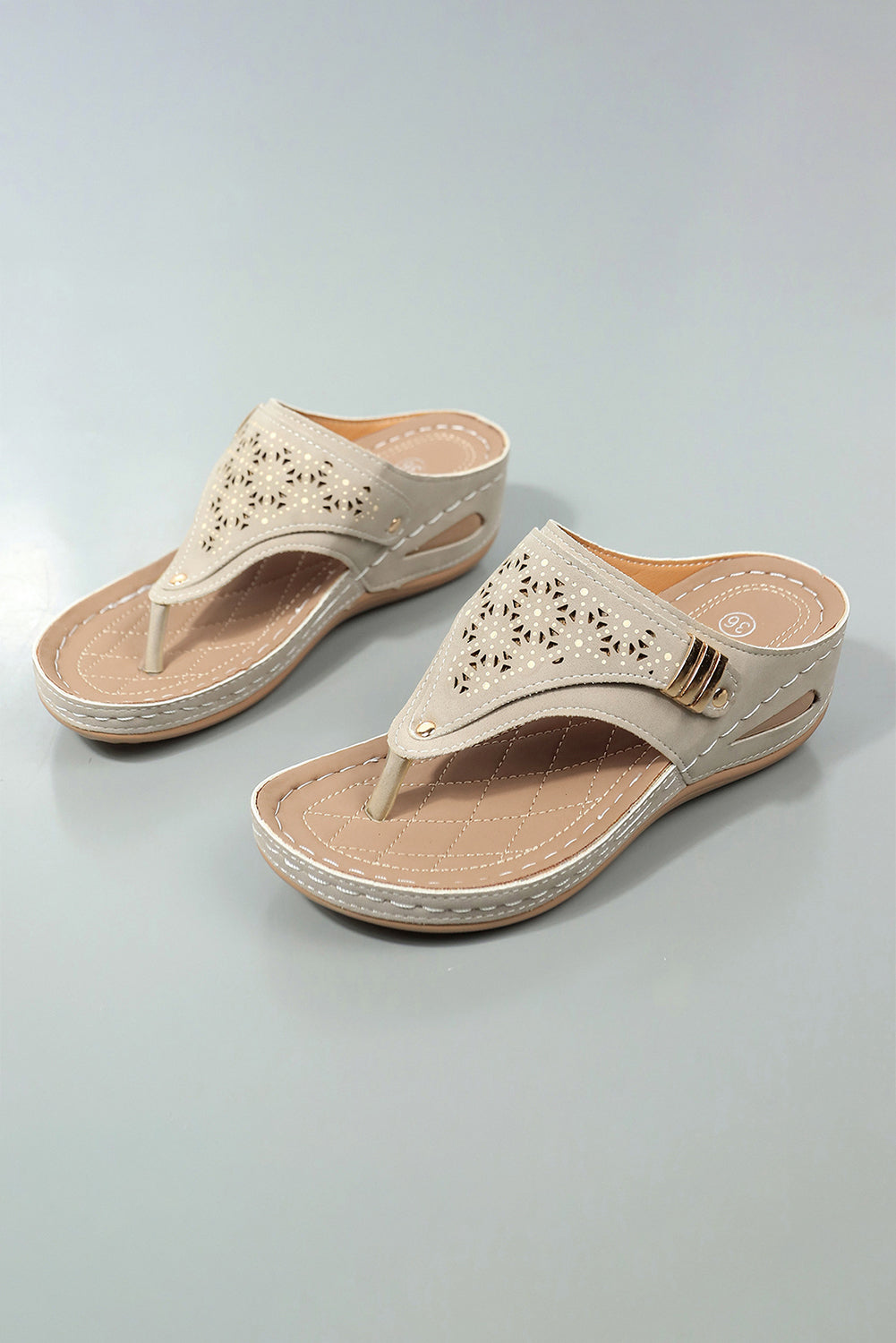 Beige Hollow Out Clip Toe Wedge Slippers