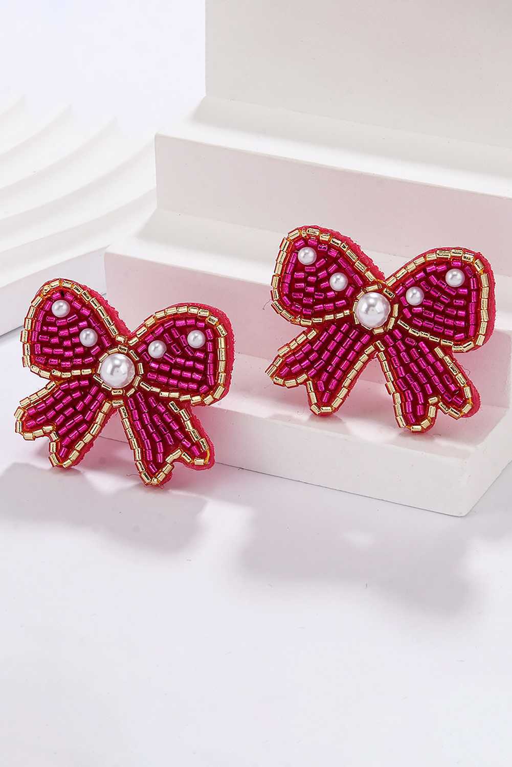 Rose Red Pearl Rice Bead Bow Knot Shape Stud Earrings