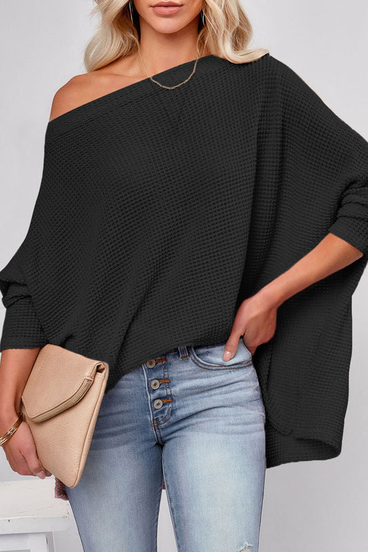 Black Waffle Knit Eyelet Long Sleeve Blouse