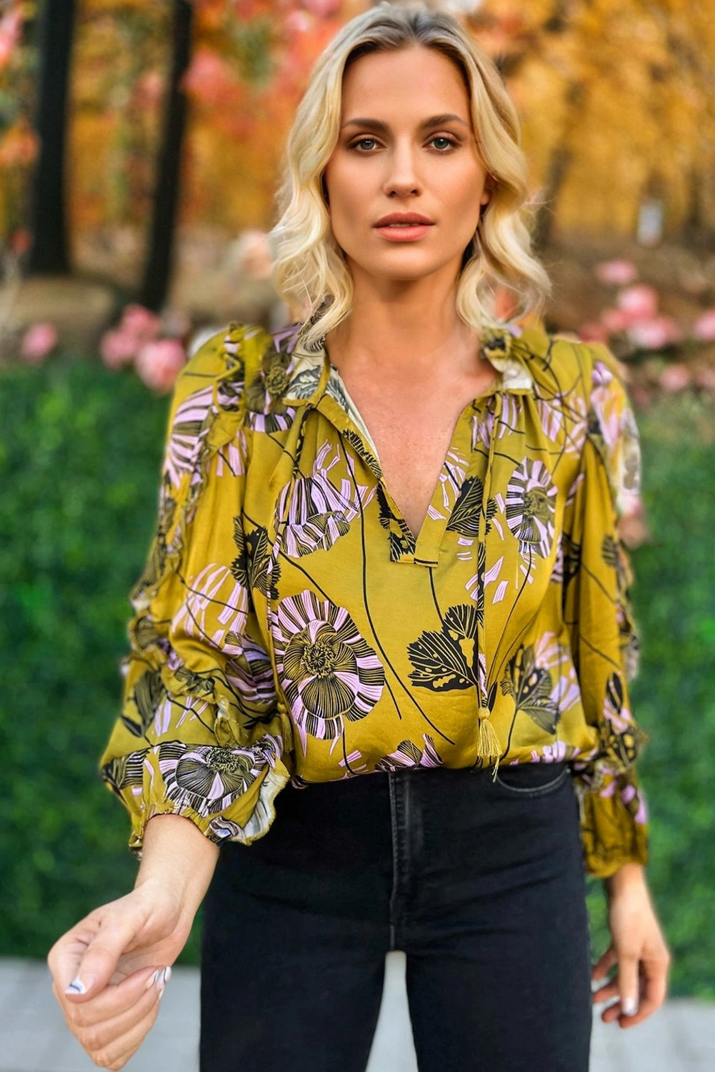 Yellow Vintage Floral V Neck Ruffle Trim Long Sleeve Blouse