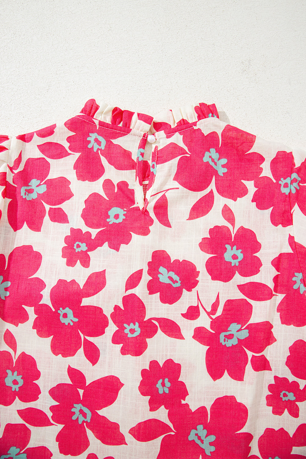 Pink Frilled Neck Short Puff Sleeve Floral Blouse