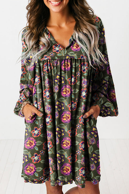 Green Floral Print Split Neck Bubble Sleeve Shift Mini Dress
