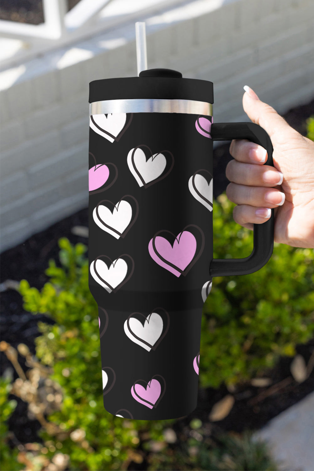Black Valentines Heart Printed Thermos Cup with Handle 40oz