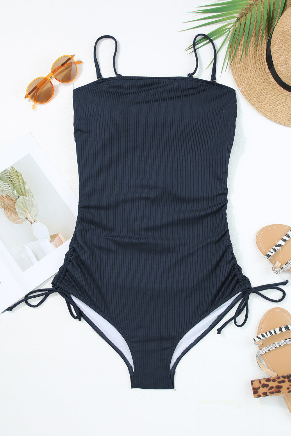 Navy Blue Ribbed Drawstring Sides Cutout One Piece Swimsuit