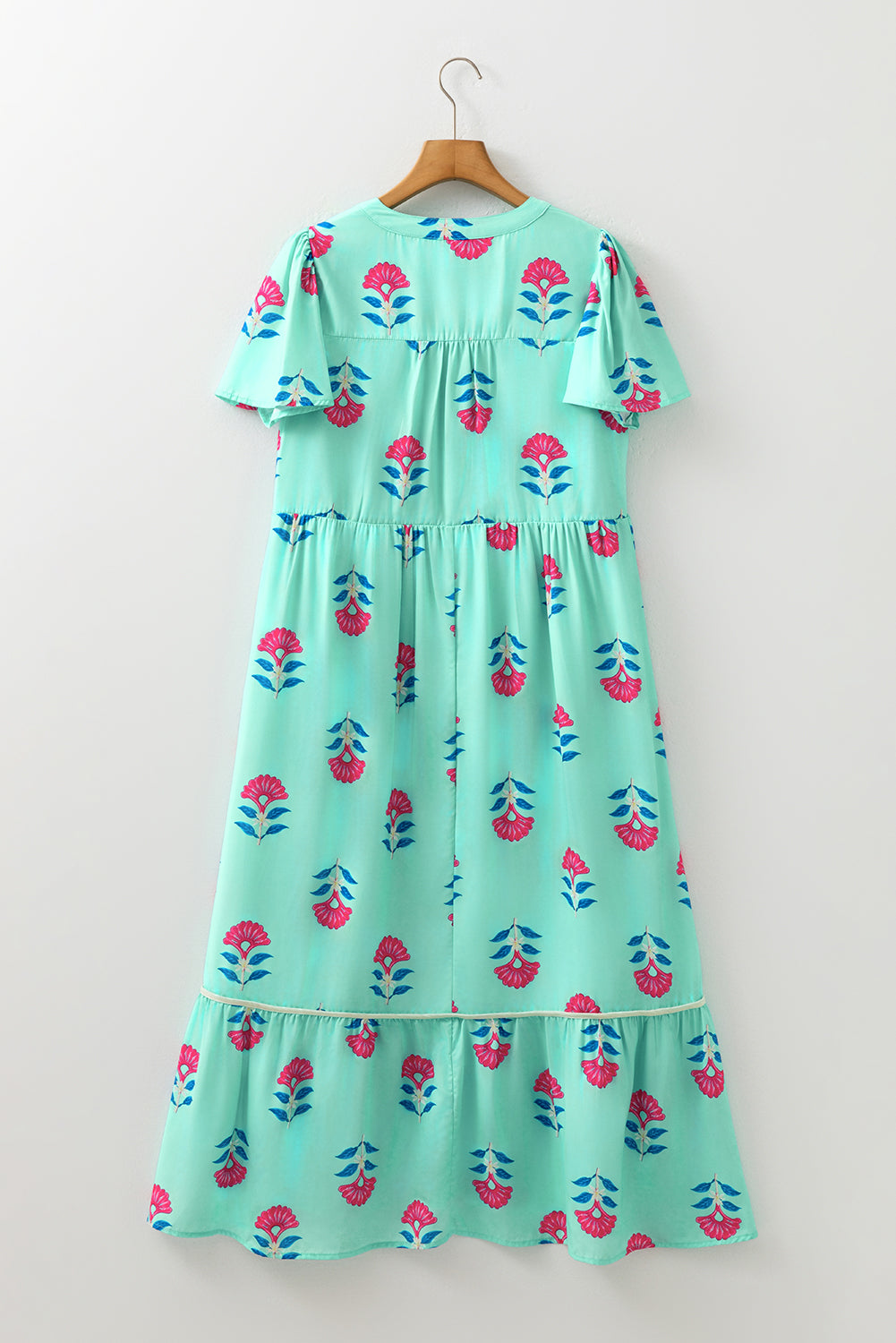 Green Floral Print Notched Neck Butterfly Sleeve Shift Long Dress