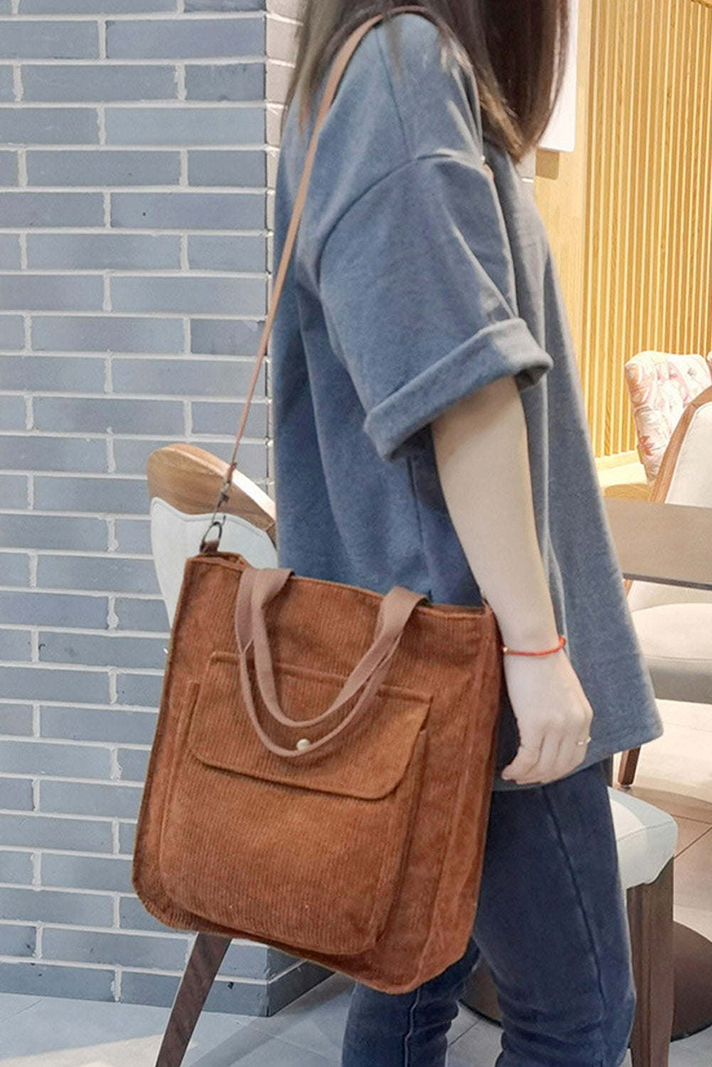 Chestnut Detachable Shoulder Strap Large Corduroy Bag