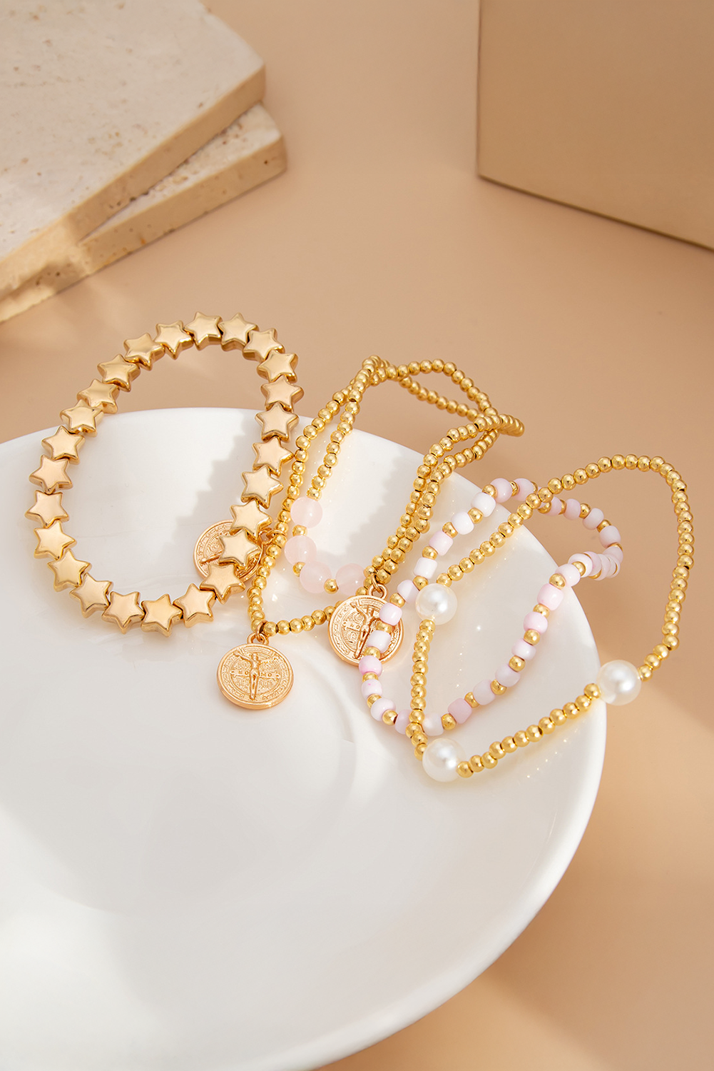 Gold Discs Pearl Stars Beaded Multi Layer Bracelet Set